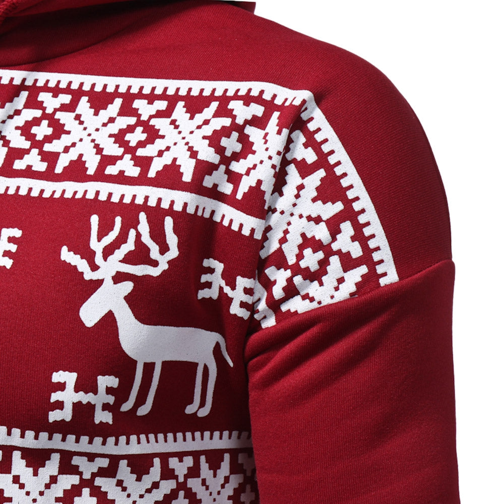 Men's Hooded Snow and Reindeer Print Drawstring Fleece Hoodie
