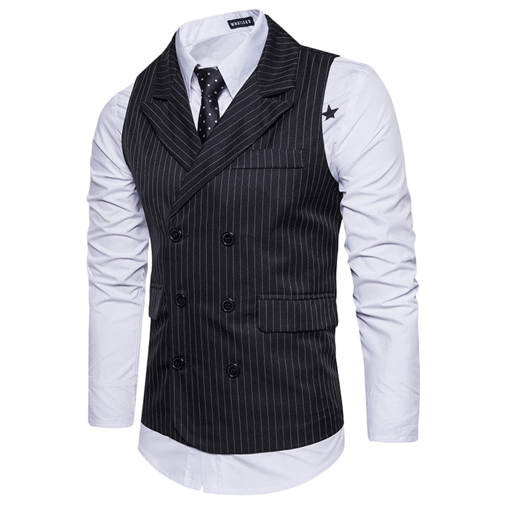 Men's Double Breasted Turndown Collar Belt Vertical Stripe Waistcoat