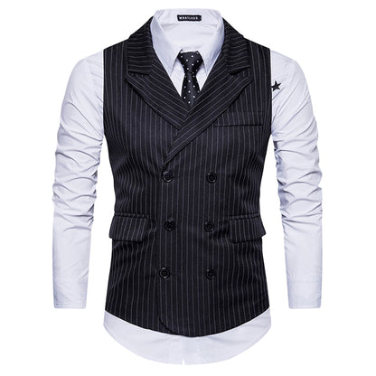 Turndown Collar Double Breasted Belt Vertical Stripe Waistcoat 6735