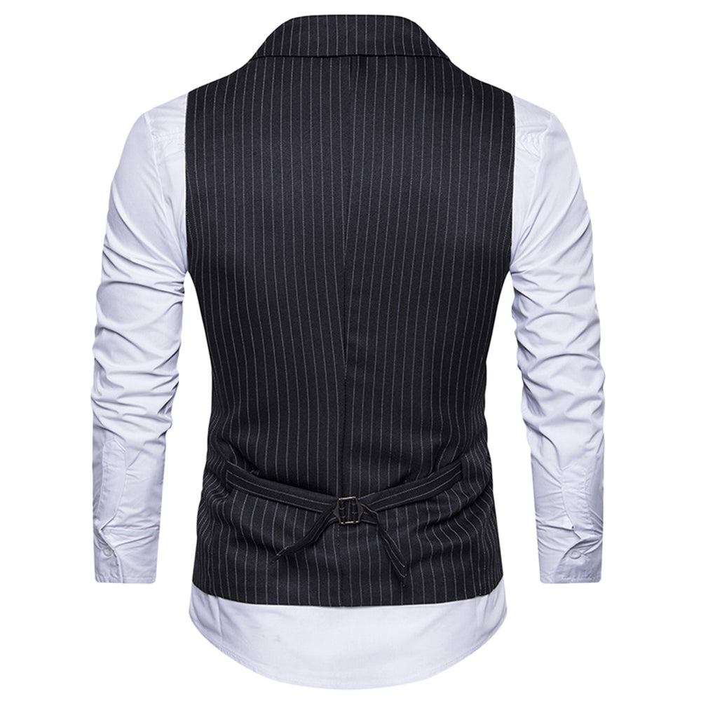 Turndown Collar Double Breasted Belt Vertical Stripe Waistcoat 6735