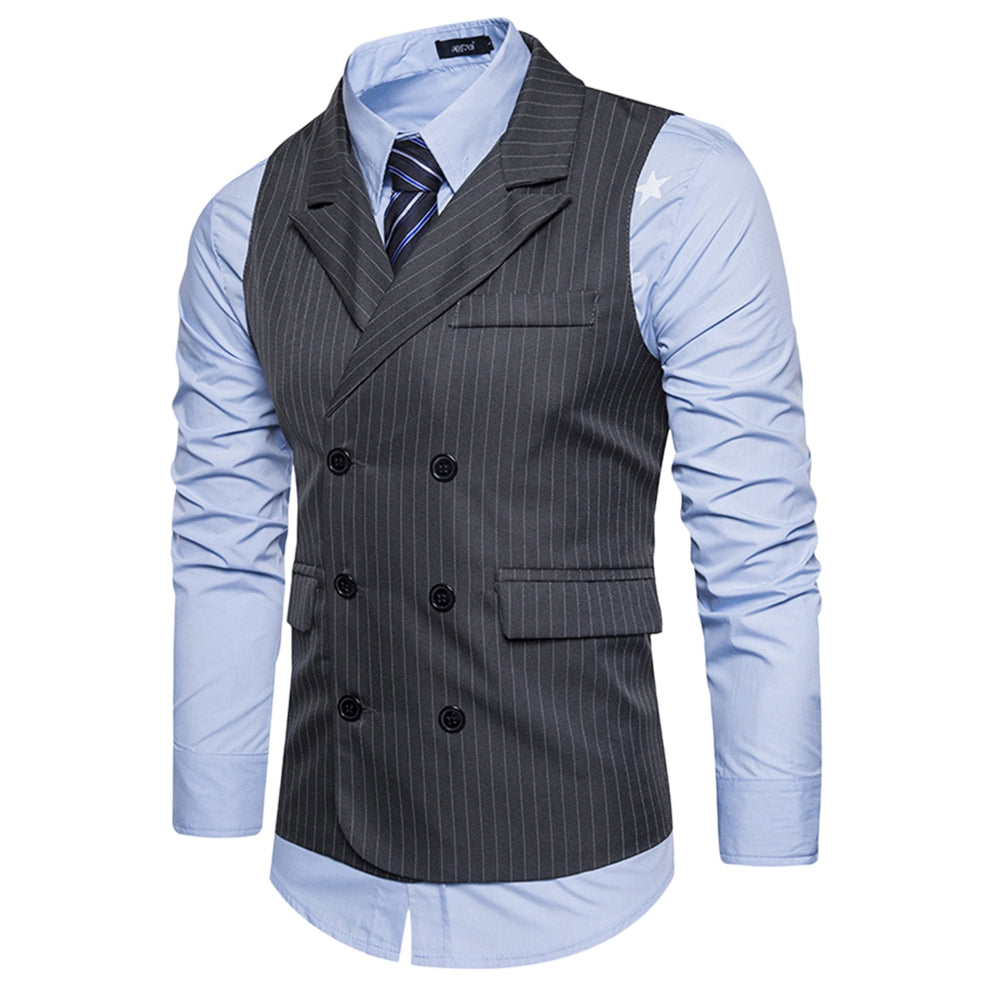 Men's Double Breasted Turndown Collar Belt Vertical Stripe Waistcoat