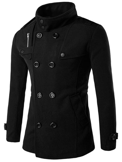 Men's Funnel Collar Double Breasted Pea Slim-fit Coat