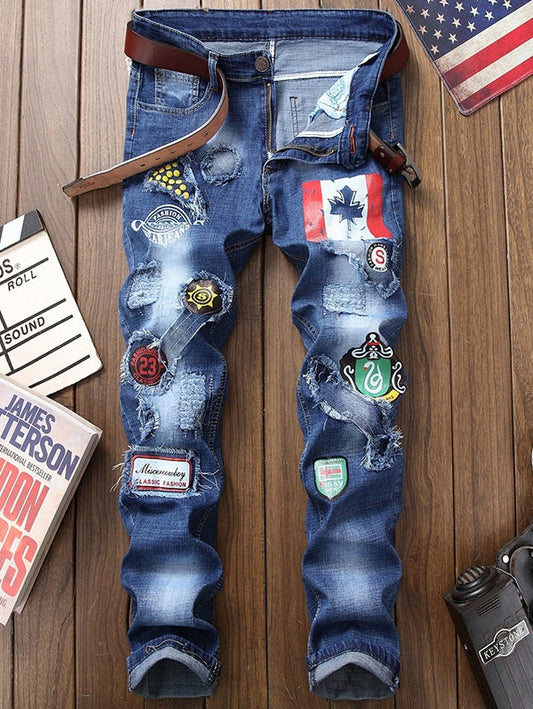 Men's Straight Distressed Flag Graphic Print Jeans