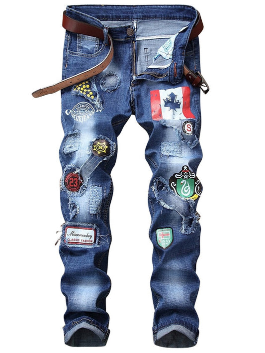 Men's Graphic Flag Print Straight Ripped Jeans