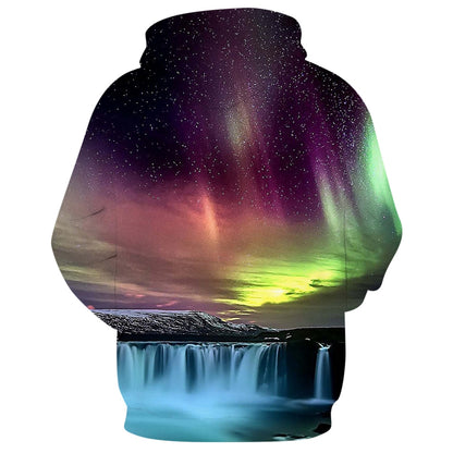 Men's Kangaroo Pocket Waterfall and Aurora Print Drawstring Hoodie