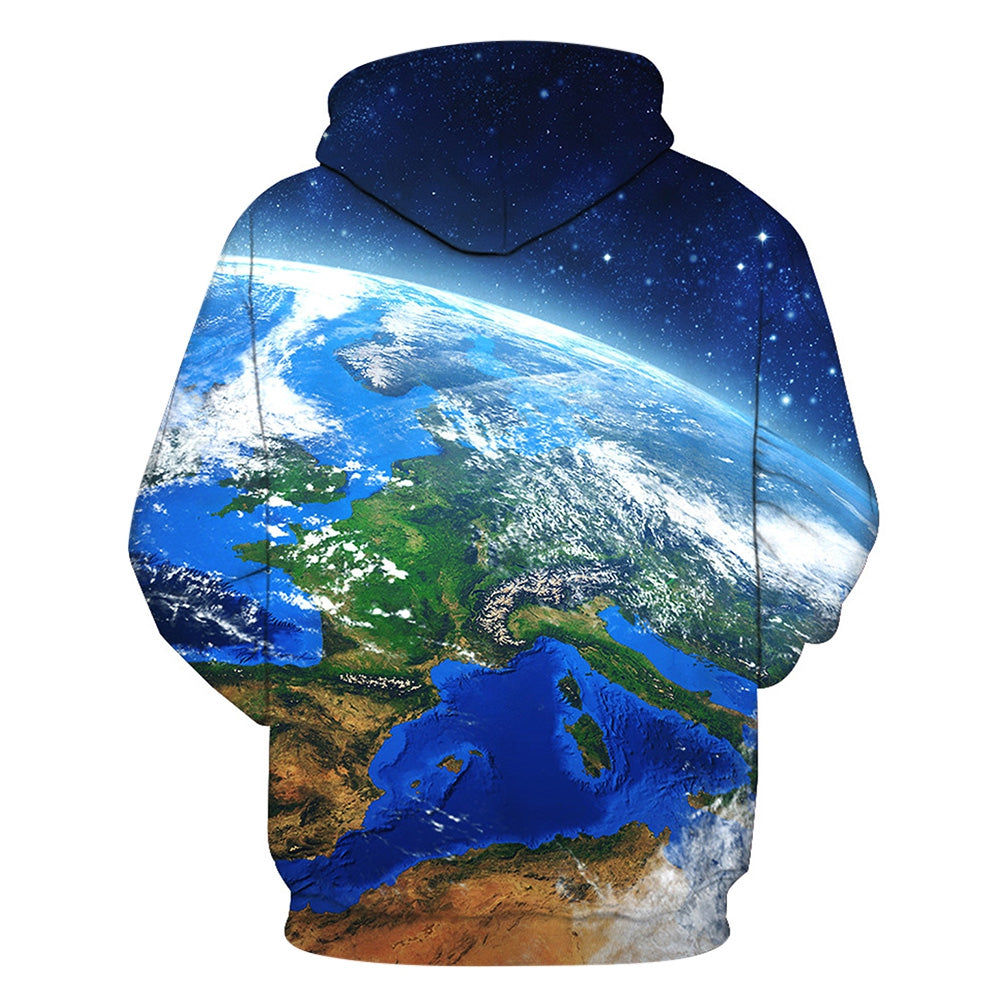 Men's 3D Earth Galaxy Print Pullover Drawstring Fashion Hoodie