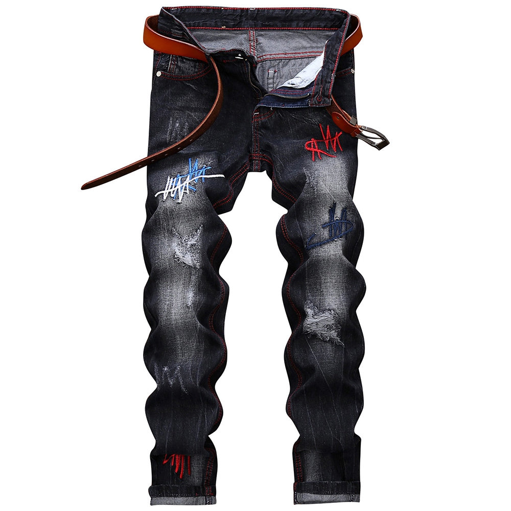 Men's Straight Leg Embroidery Distressed Fashion Jeans