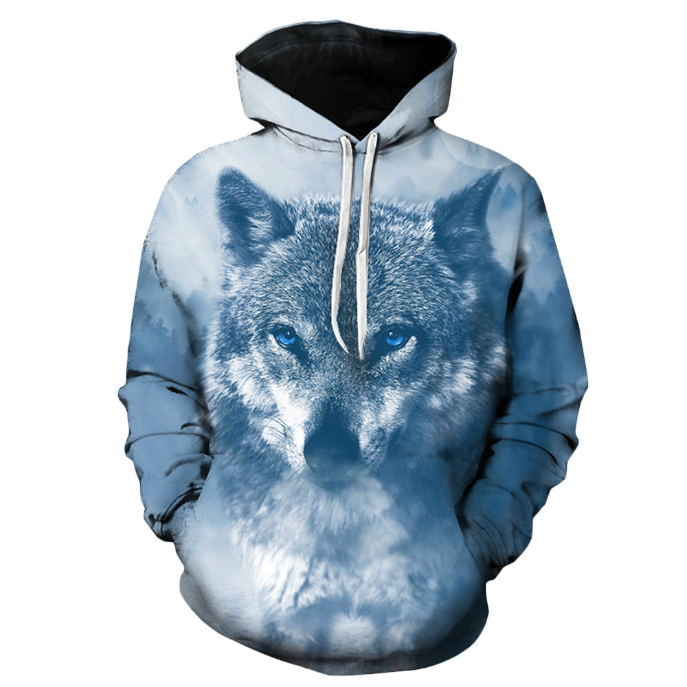 Men's Hooded 3D Wolf Print Pullover Drawstring Hoodie
