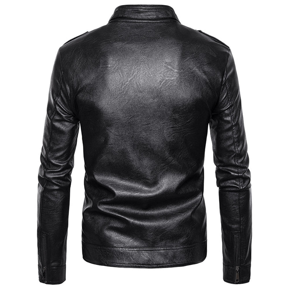 Stand Collar Epaulet Faux Leather Zip Up Jacket 9811 – meetfun