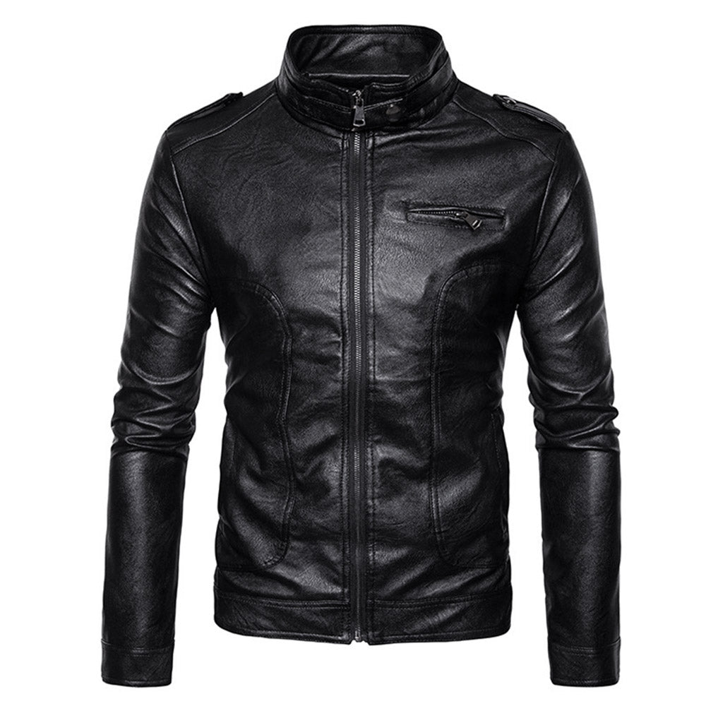 Stand Collar Epaulet Faux Leather Zip Up Jacket 9811 – meetfun