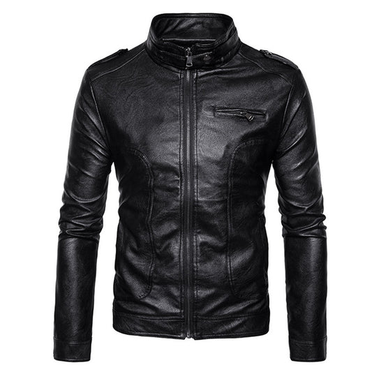 Stand Collar Epaulet Faux Leather Zip Up Jacket 9811