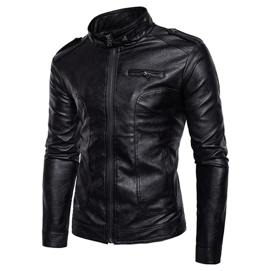 Stand Collar Epaulet Faux Leather Zip Up Jacket 9811