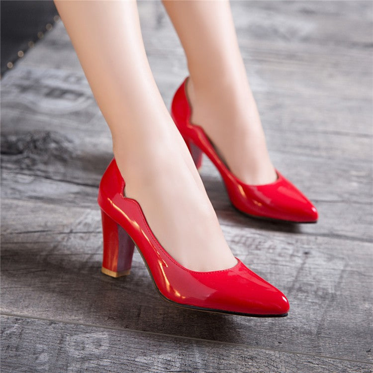Women's Pointed Toe Patent Leather Block Heels Pumps