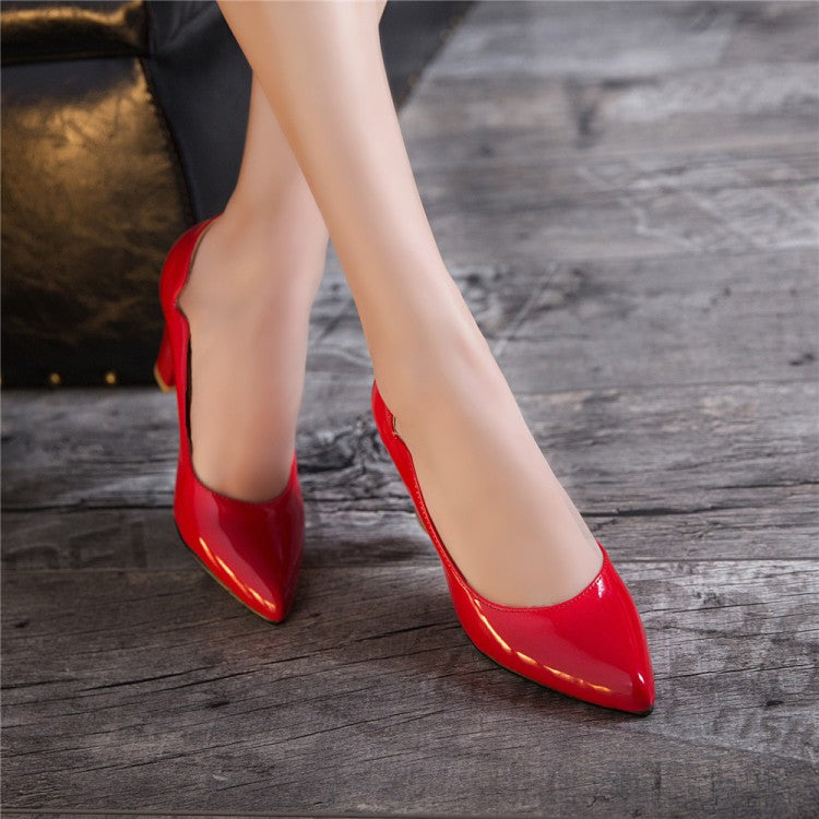 Women's Pointed Toe Patent Leather Block Heels Pumps
