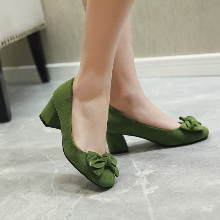Women's Pumps Suede Round Toe Butterfly Knot Block Heel Shoes