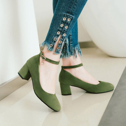 Women's Pumps Round Toe Ankle Strap Block Heel Shoes