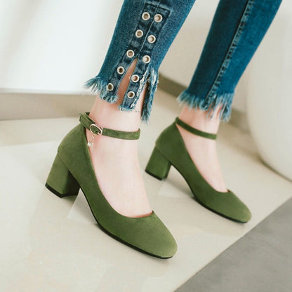 Women's Pumps Round Toe Ankle Strap Block Heel Shoes