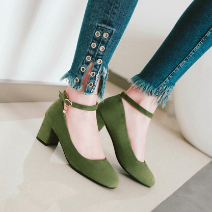 Women's Pumps Round Toe Ankle Strap Block Heel Shoes