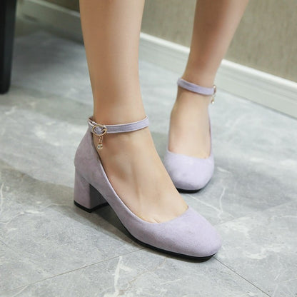 Women's Pumps Round Toe Ankle Strap Block Heel Shoes