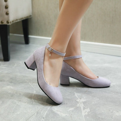 Women's Pumps Round Toe Ankle Strap Block Heel Shoes