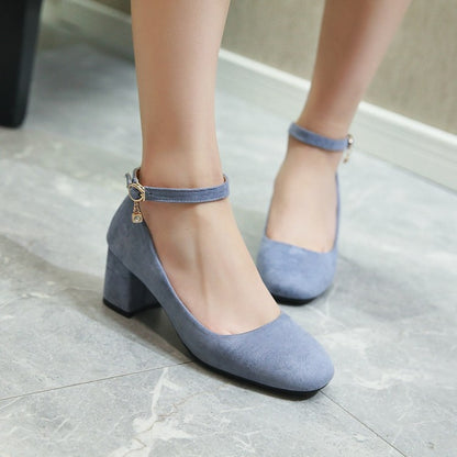 Women's Pumps Round Toe Ankle Strap Block Heel Shoes