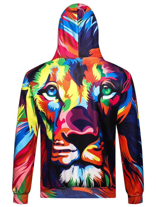 Men's 3D Color Block Lion Print Pullover Drawstring Long Sleeves Hoodie