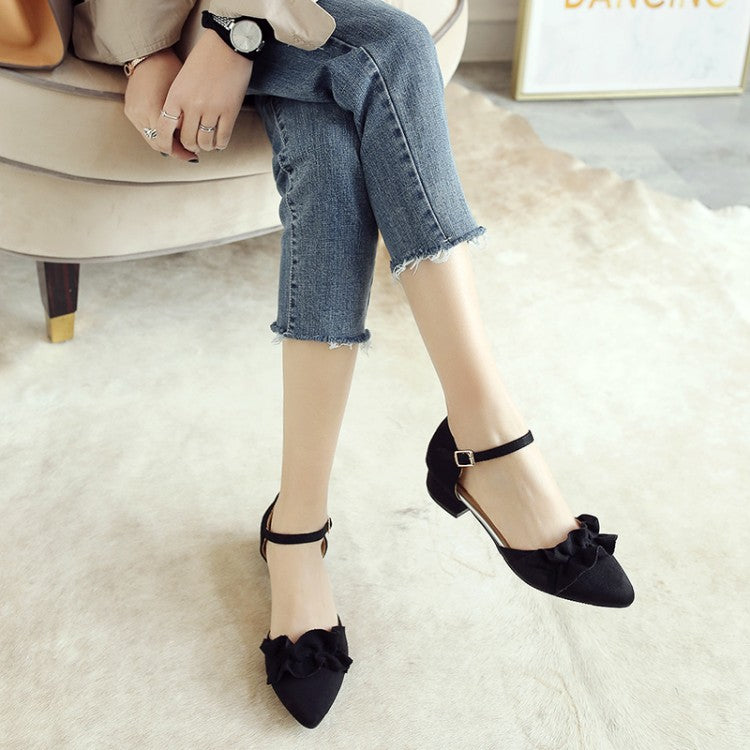 Women's Solid Color Ruffles Ankle Wrap Pointed Toe Block Heel Sandals