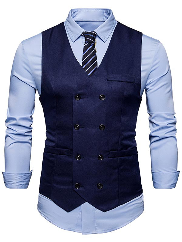 Men's V Neck Double Breasted Faux Twinset Waistcoat