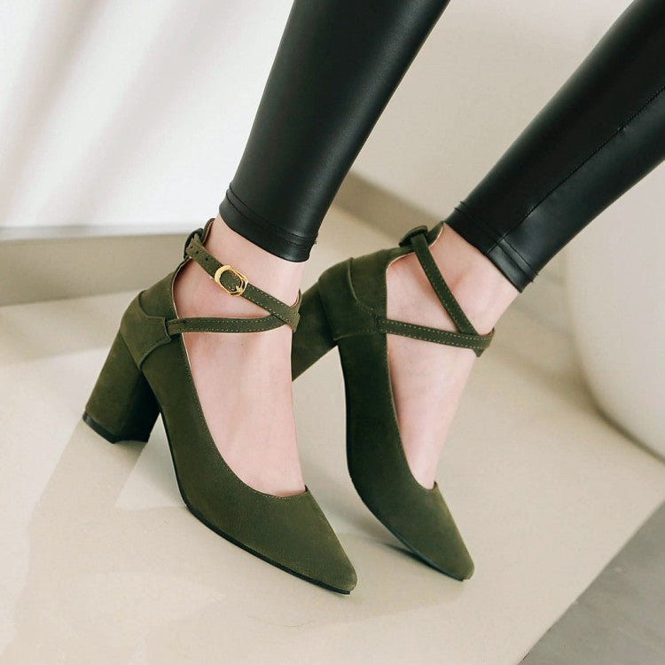Women's's Pointed Toe Ankle Strap Block Heels Pumps
