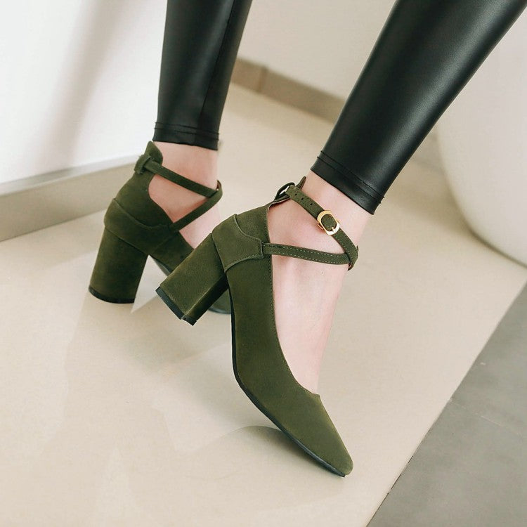 Women's's Pointed Toe Ankle Strap Block Heels Pumps