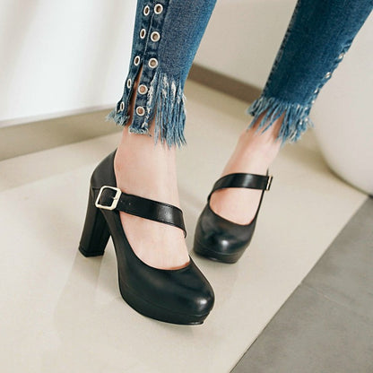 Women's Buckle Belt High Heels Chunky Platform Pumps