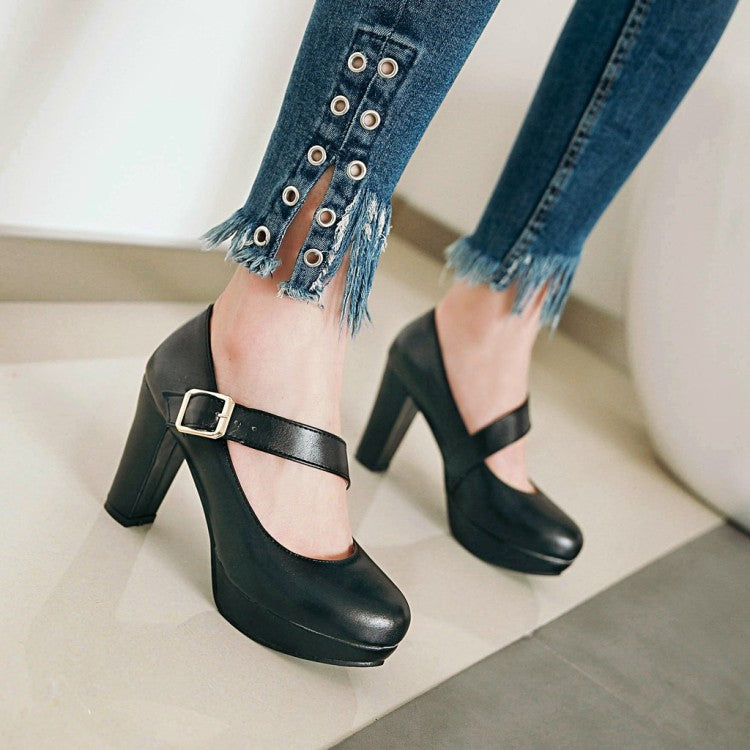 Women's Buckle Belt High Heels Chunky Platform Pumps