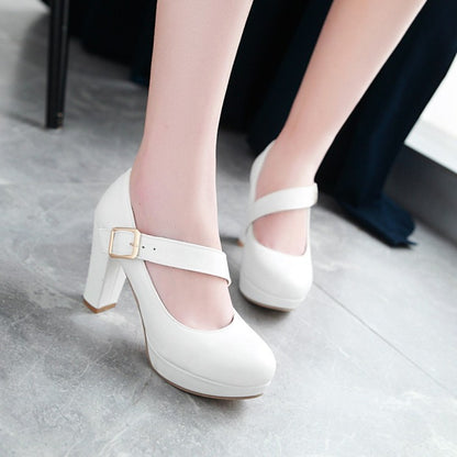 Women's Buckle Belt High Heels Chunky Platform Pumps