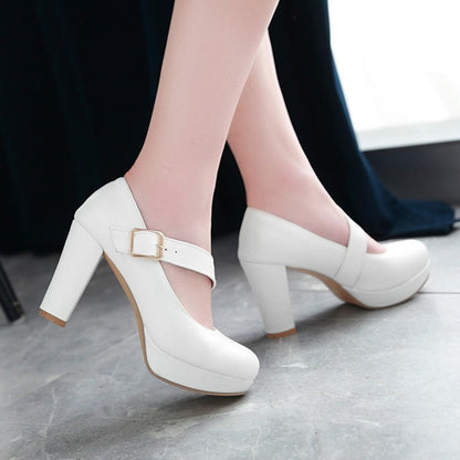 Women's Buckle Belt High Heels Chunky Platform Pumps