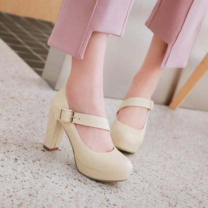 Women's Buckle Belt High Heels Chunky Platform Pumps