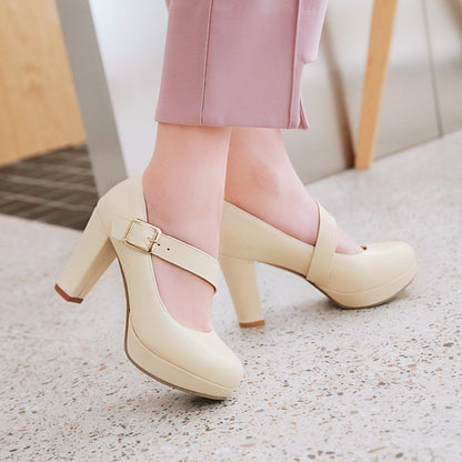 Women's Buckle Belt High Heels Chunky Platform Pumps