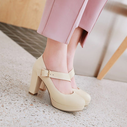 Women's Buckle Belt High Heels Chunky Platform Pumps