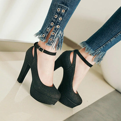 Women's Ankle Strap High Heels Chunky Platform Pumps