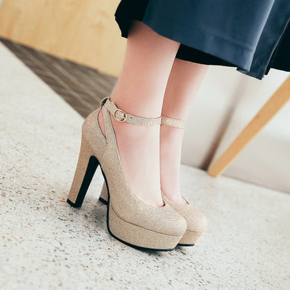 Women's Ankle Strap High Heels Chunky Platform Pumps