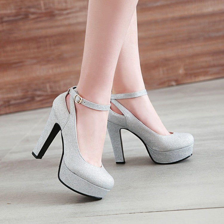 Women's Ankle Strap High Heels Chunky Platform Pumps