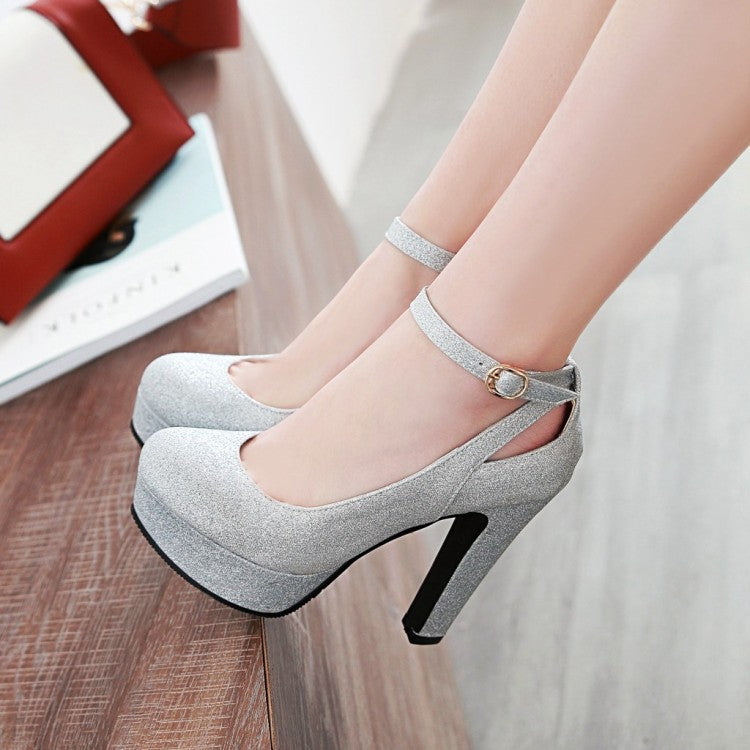 Women's Ankle Strap High Heels Chunky Platform Pumps