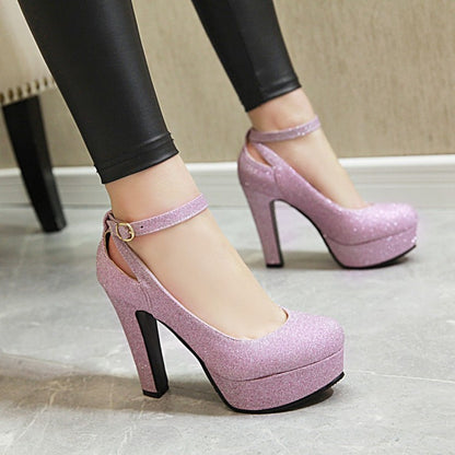 Women's Ankle Strap High Heels Chunky Platform Pumps