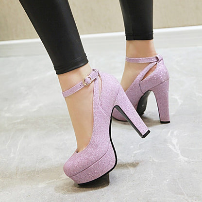 Women's Ankle Strap High Heels Chunky Platform Pumps