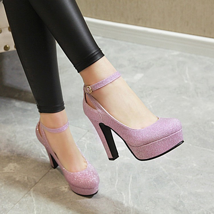 Women's Ankle Strap High Heels Chunky Platform Pumps