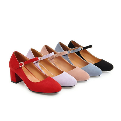 Women's Pumps Suede Round Toe Ankle Strap Block Heel Shoes