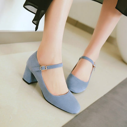 Women's Pumps Suede Round Toe Ankle Strap Block Heel Shoes