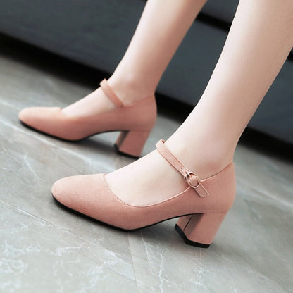 Women's Pumps Suede Round Toe Ankle Strap Block Heel Shoes