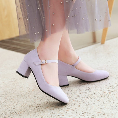 Women's Pumps Suede Round Toe Ankle Strap Block Heel Shoes