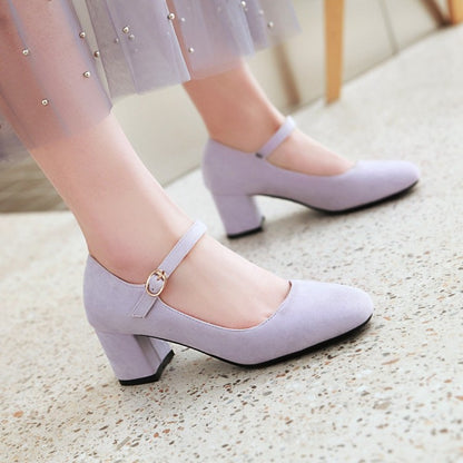 Women's Pumps Suede Round Toe Ankle Strap Block Heel Shoes