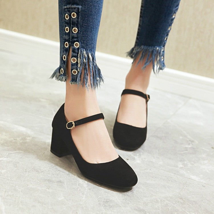 Women's Pumps Suede Round Toe Ankle Strap Block Heel Shoes